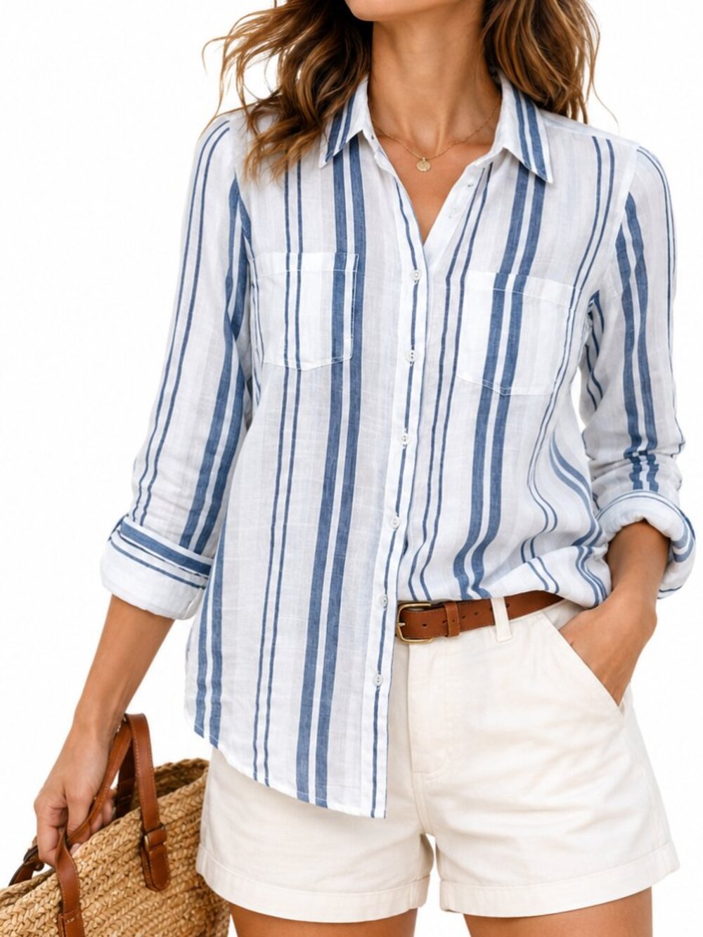Lucky Brand Blue White Striped Gauzy Boyfriend Button Down Euro Summer Shirt XS